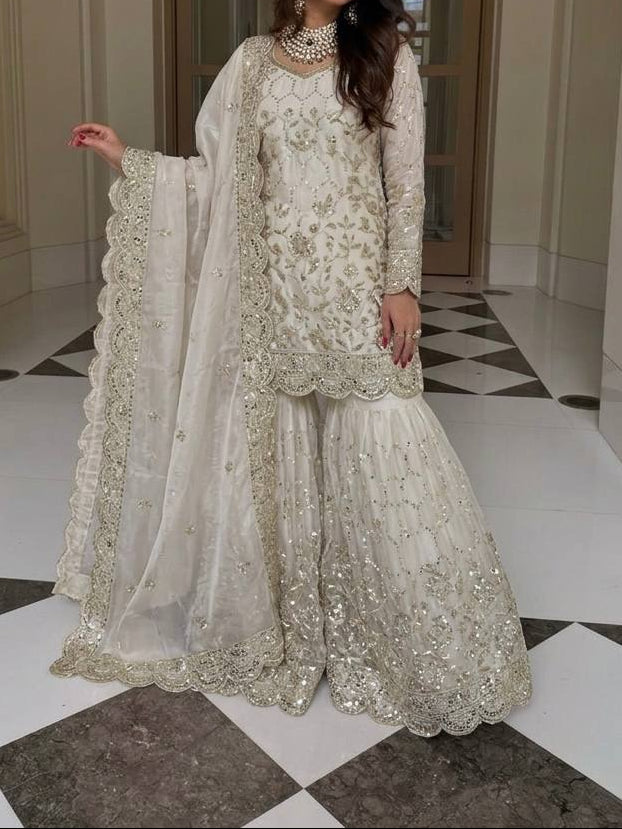 Wedding Waer  Heavy Embroidery Sequence Work with Real Mirror Hand Work Sharara Set