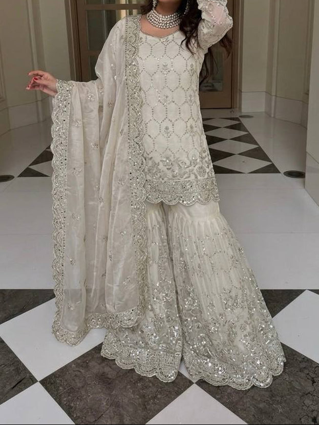 Wedding Waer  Heavy Embroidery Sequence Work with Real Mirror Hand Work Sharara Set
