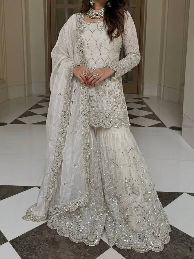 Wedding Waer  Heavy Embroidery Sequence Work with Real Mirror Hand Work Sharara Set