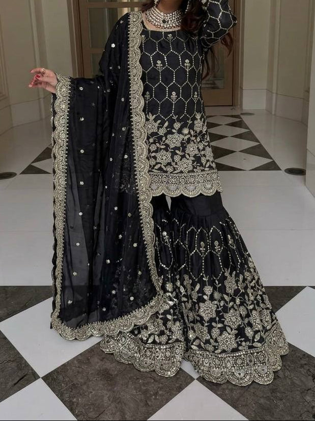Wedding Waer  Heavy Embroidery Sequence Work with Real Mirror Hand Work Sharara Set