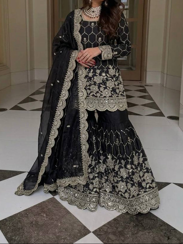 Wedding Waer  Heavy Embroidery Sequence Work with Real Mirror Hand Work Sharara Set