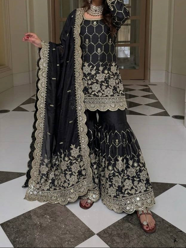 Wedding Waer  Heavy Embroidery Sequence Work with Real Mirror Hand Work Sharara Set