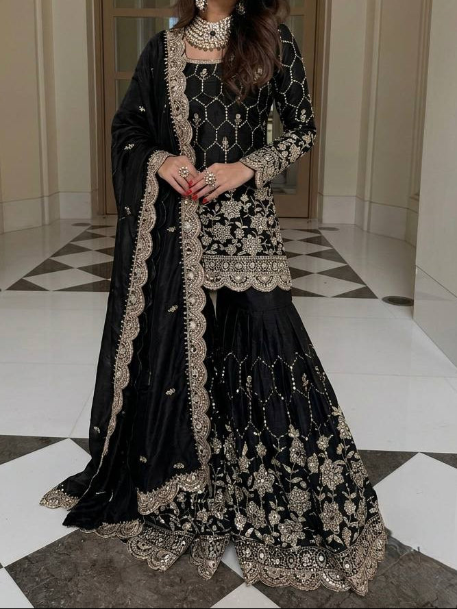 Wedding Waer  Heavy Embroidery Sequence Work with Real Mirror Hand Work Sharara Set