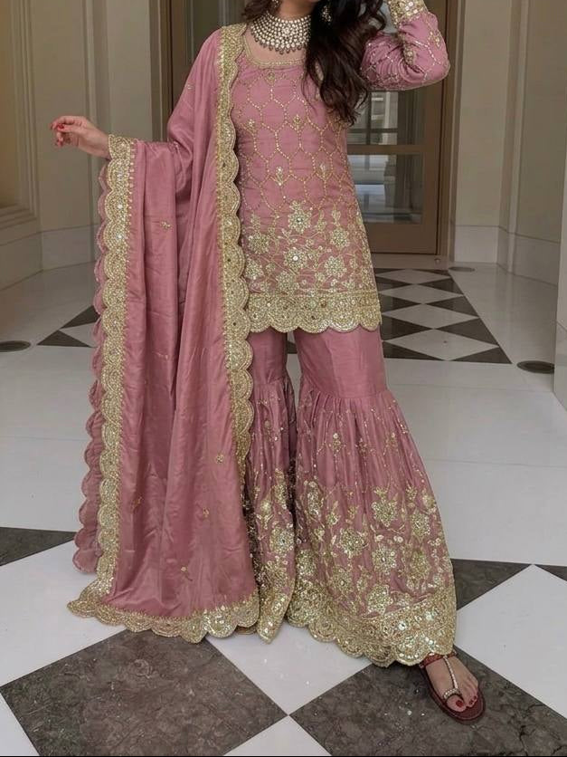 Wedding Waer  Heavy Embroidery Sequence Work with Real Mirror Hand Work Sharara Set