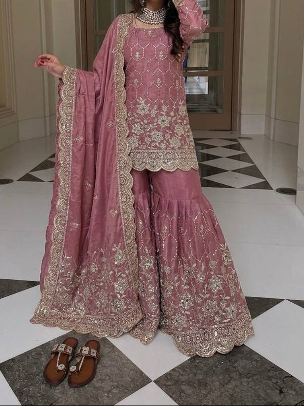 Wedding Waer  Heavy Embroidery Sequence Work with Real Mirror Hand Work Sharara Set