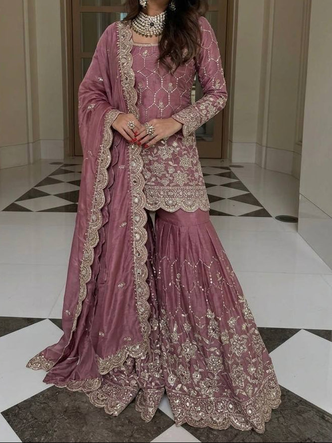 Wedding Waer  Heavy Embroidery Sequence Work with Real Mirror Hand Work Sharara Set