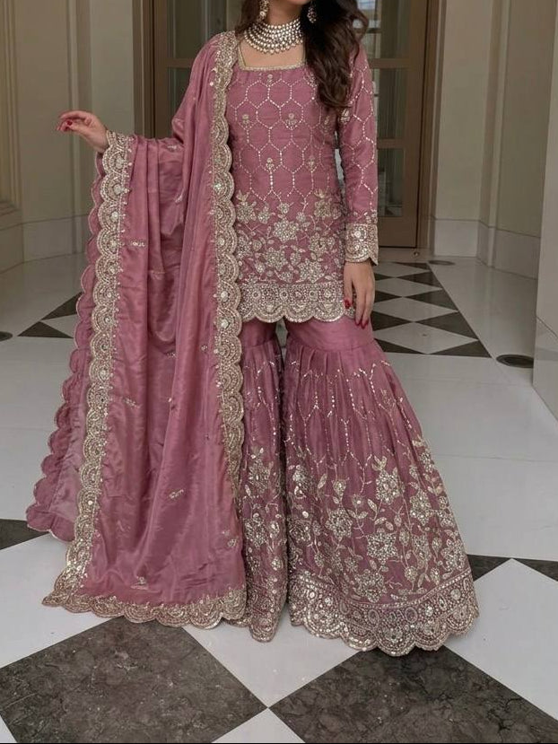 Wedding Waer  Heavy Embroidery Sequence Work with Real Mirror Hand Work Sharara Set