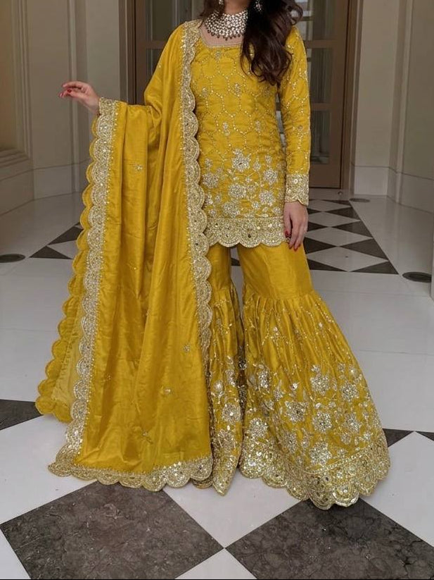 Wedding Waer  Heavy Embroidery Sequence Work with Real Mirror Hand Work Sharara Set