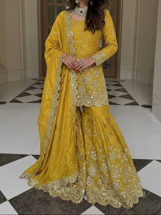 Wedding Waer  Heavy Embroidery Sequence Work with Real Mirror Hand Work Sharara Set