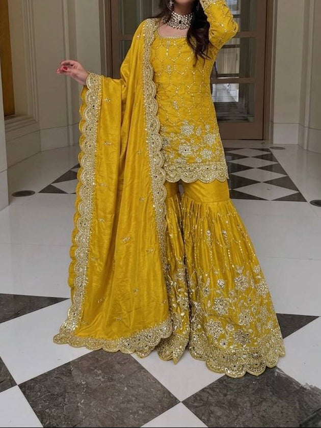 Wedding Waer  Heavy Embroidery Sequence Work with Real Mirror Hand Work Sharara Set