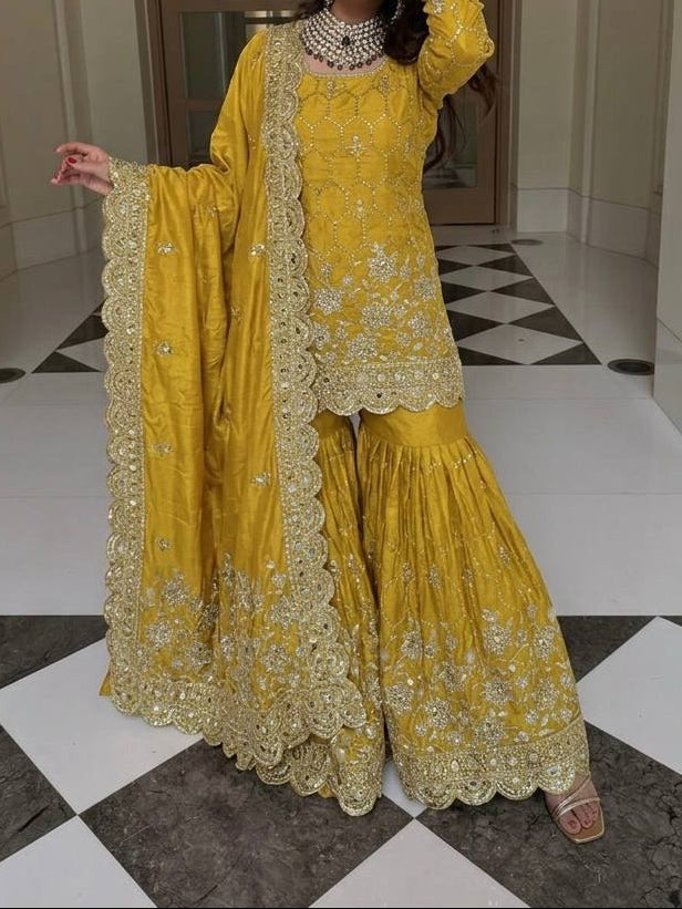 Wedding Waer  Heavy Embroidery Sequence Work with Real Mirror Hand Work Sharara Set