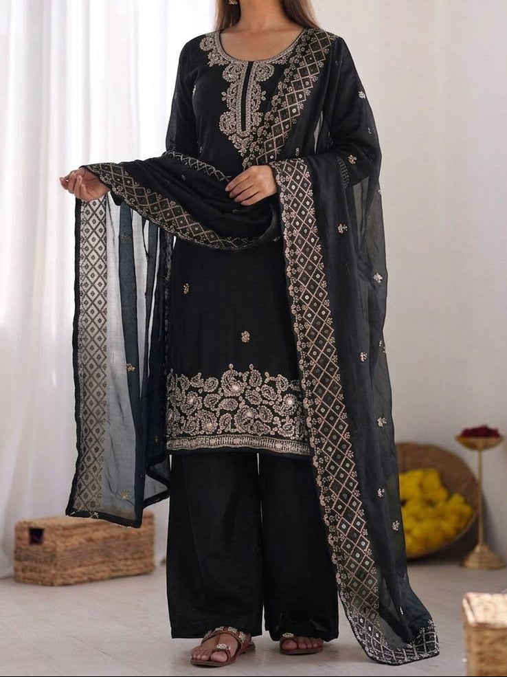 Organza Silk With Embroidery Beads Work with Cut Work Top , Plazzo & Dupatta