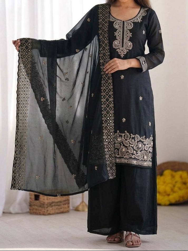 Organza Silk With Embroidery Beads Work with Cut Work Top , Plazzo & Dupatta