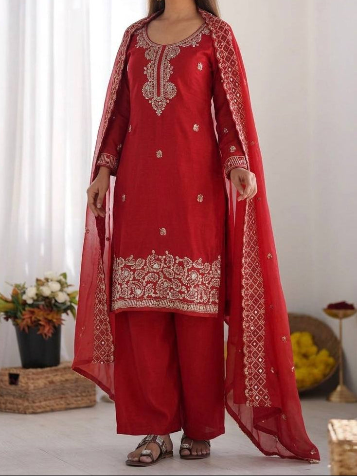 Organza Silk With Embroidery Beads Work with Cut Work Top , Plazzo & Dupatta