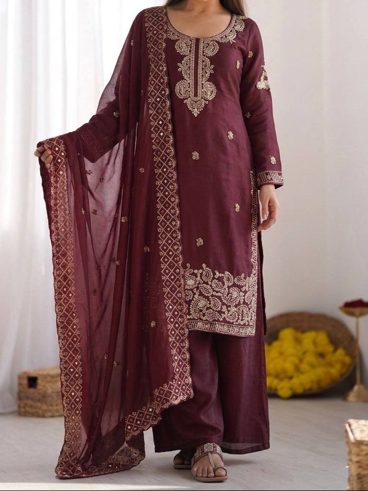 Organza Silk With Embroidery Beads Work with Cut Work Top , Plazzo & Dupatta