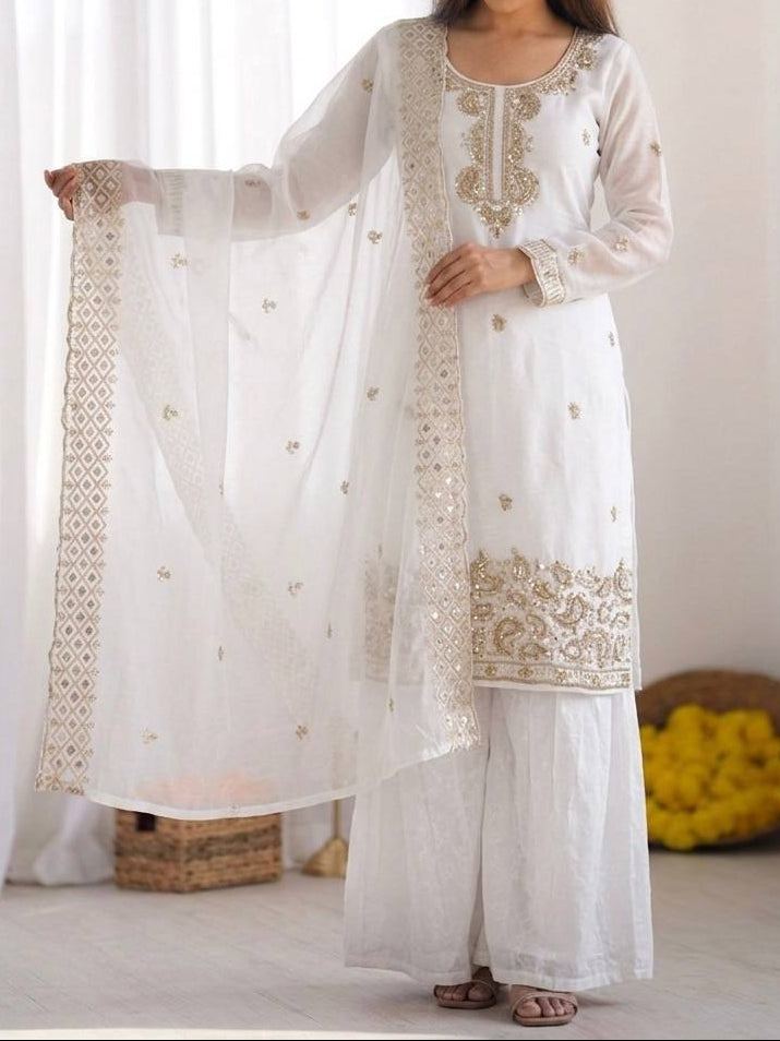 Organza Silk With Embroidery Beads Work with Cut Work Top , Plazzo & Dupatta