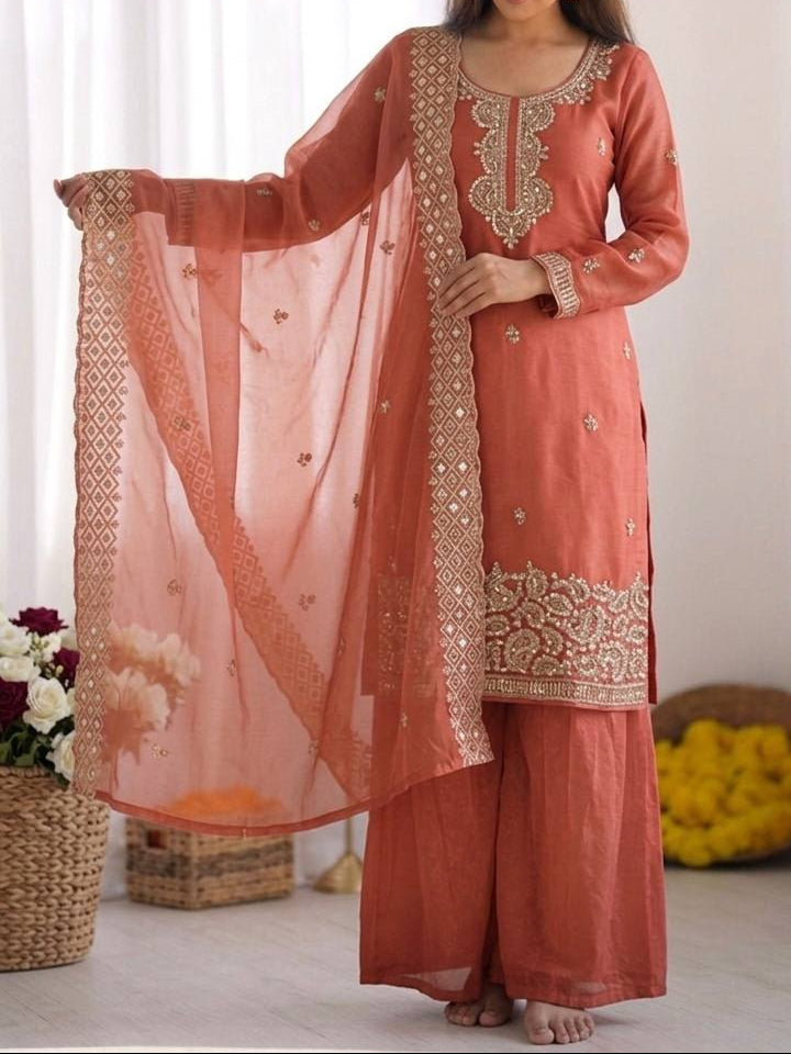 Organza Silk With Embroidery Beads Work with Cut Work Top , Plazzo & Dupatta