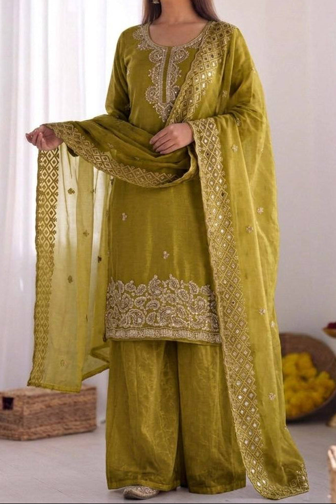 Organza Silk With Embroidery Beads Work with Cut Work Top , Plazzo & Dupatta