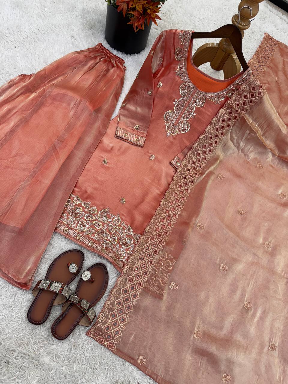 Organza Silk With Embroidery Beads Work with Cut Work Top , Plazzo & Dupatta