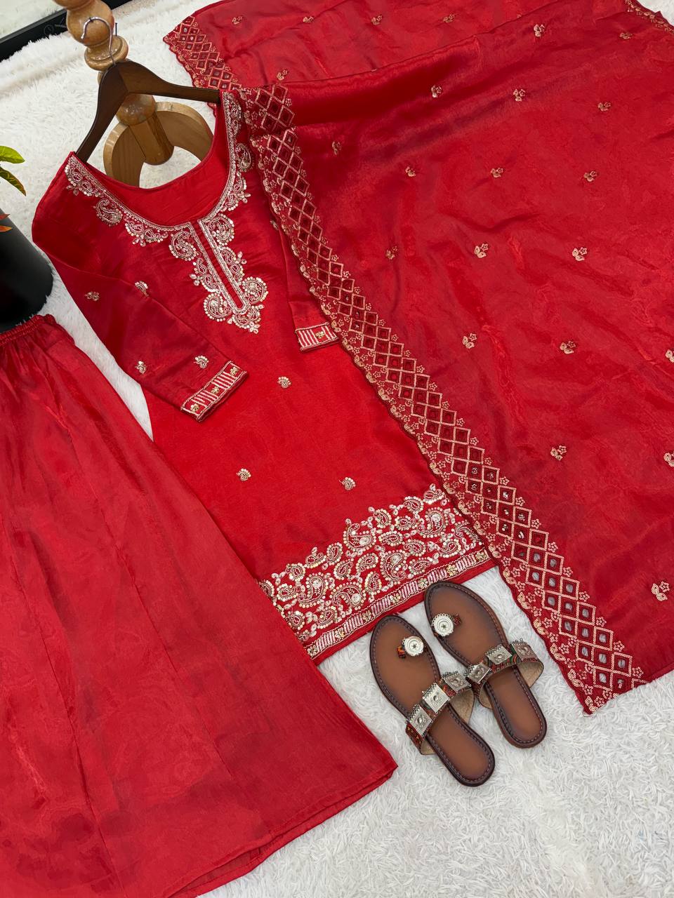 Organza Silk With Embroidery Beads Work with Cut Work Top , Plazzo & Dupatta
