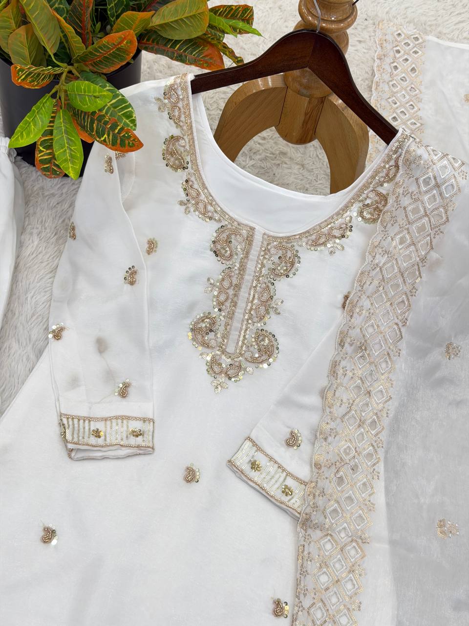 Organza Silk With Embroidery Beads Work with Cut Work Top , Plazzo & Dupatta