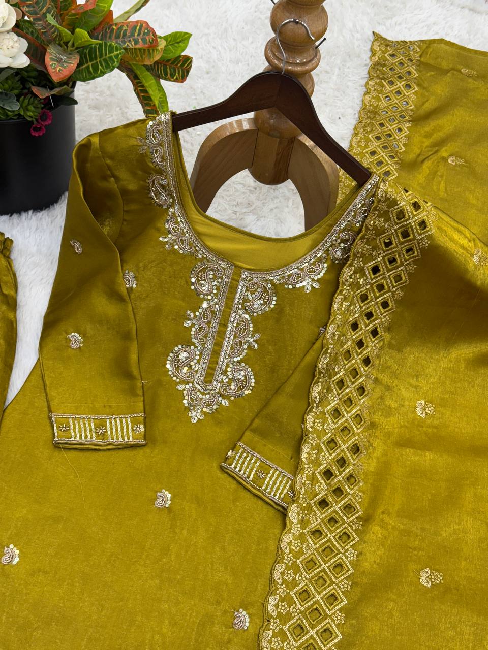 Organza Silk With Embroidery Beads Work with Cut Work Top , Plazzo & Dupatta