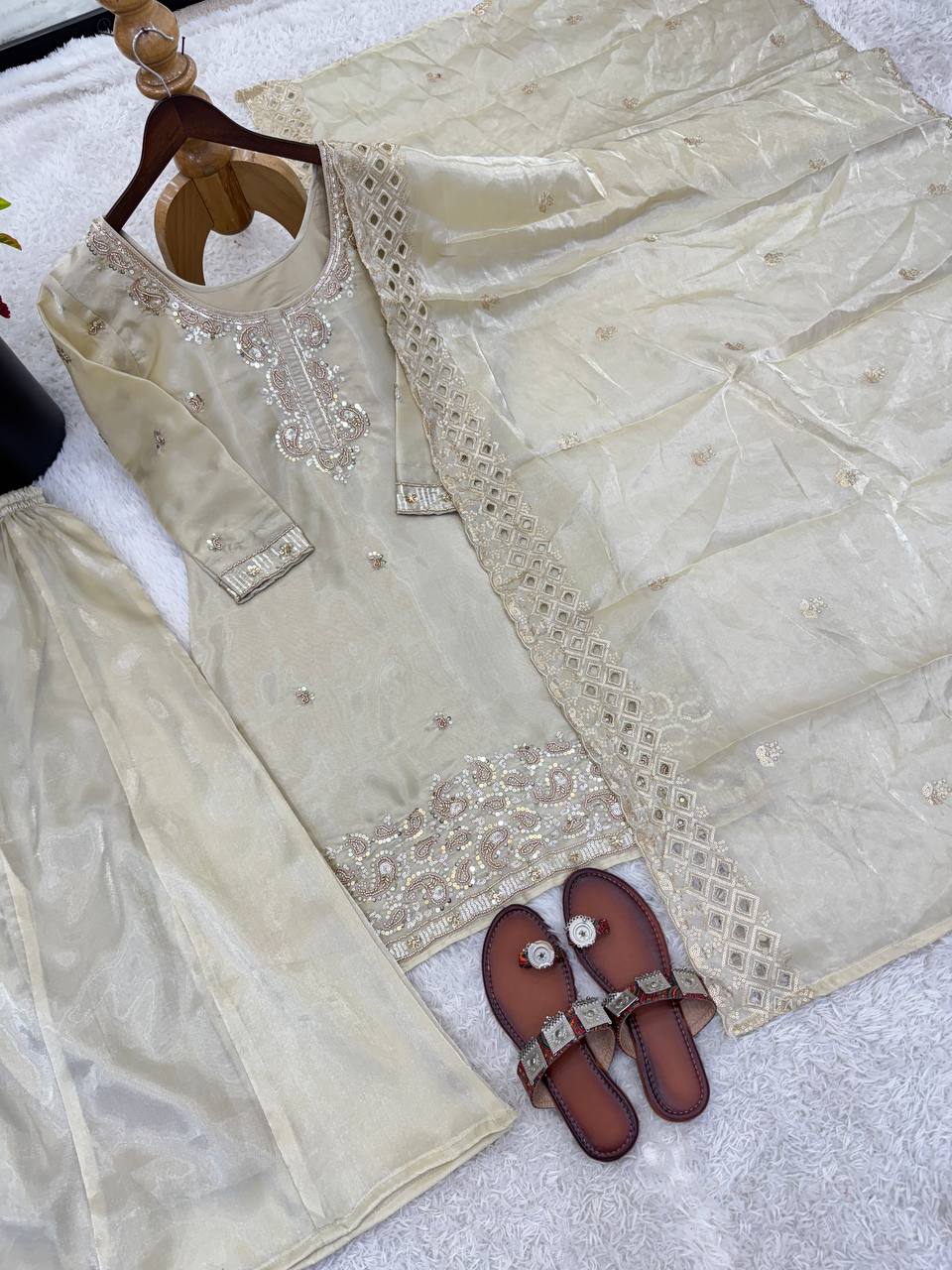 Organza Silk With Embroidery Beads Work with Cut Work Top , Plazzo & Dupatta