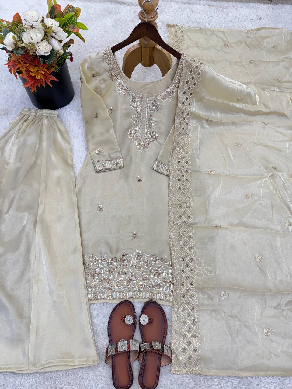 Organza Silk With Embroidery Beads Work with Cut Work Top , Plazzo & Dupatta
