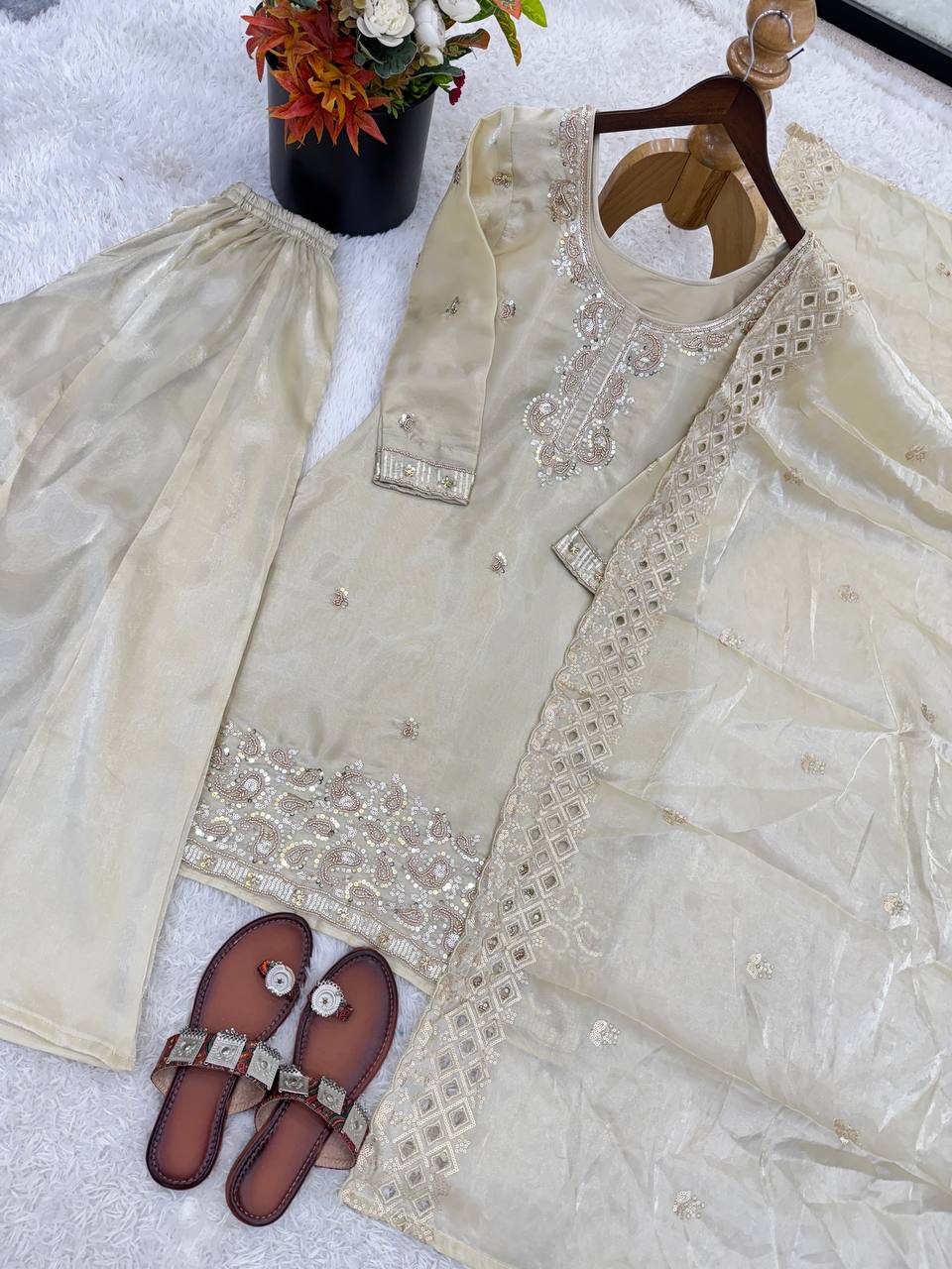 Organza Silk With Embroidery Beads Work with Cut Work Top , Plazzo & Dupatta