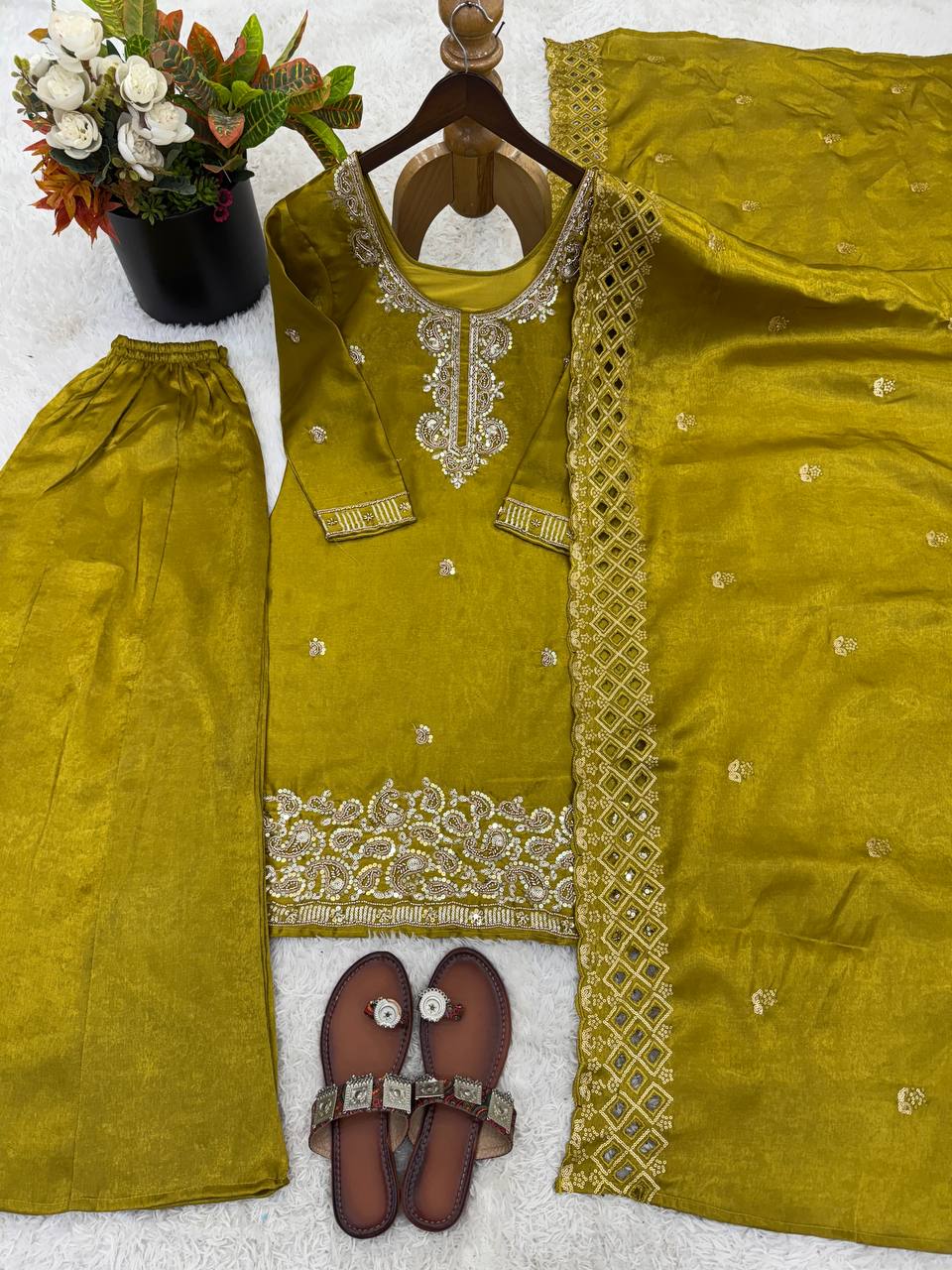 Organza Silk With Embroidery Beads Work with Cut Work Top , Plazzo & Dupatta