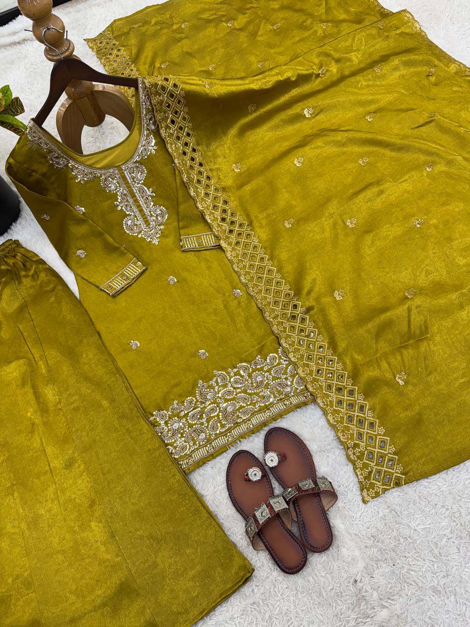 Organza Silk With Embroidery Beads Work with Cut Work Top , Plazzo & Dupatta