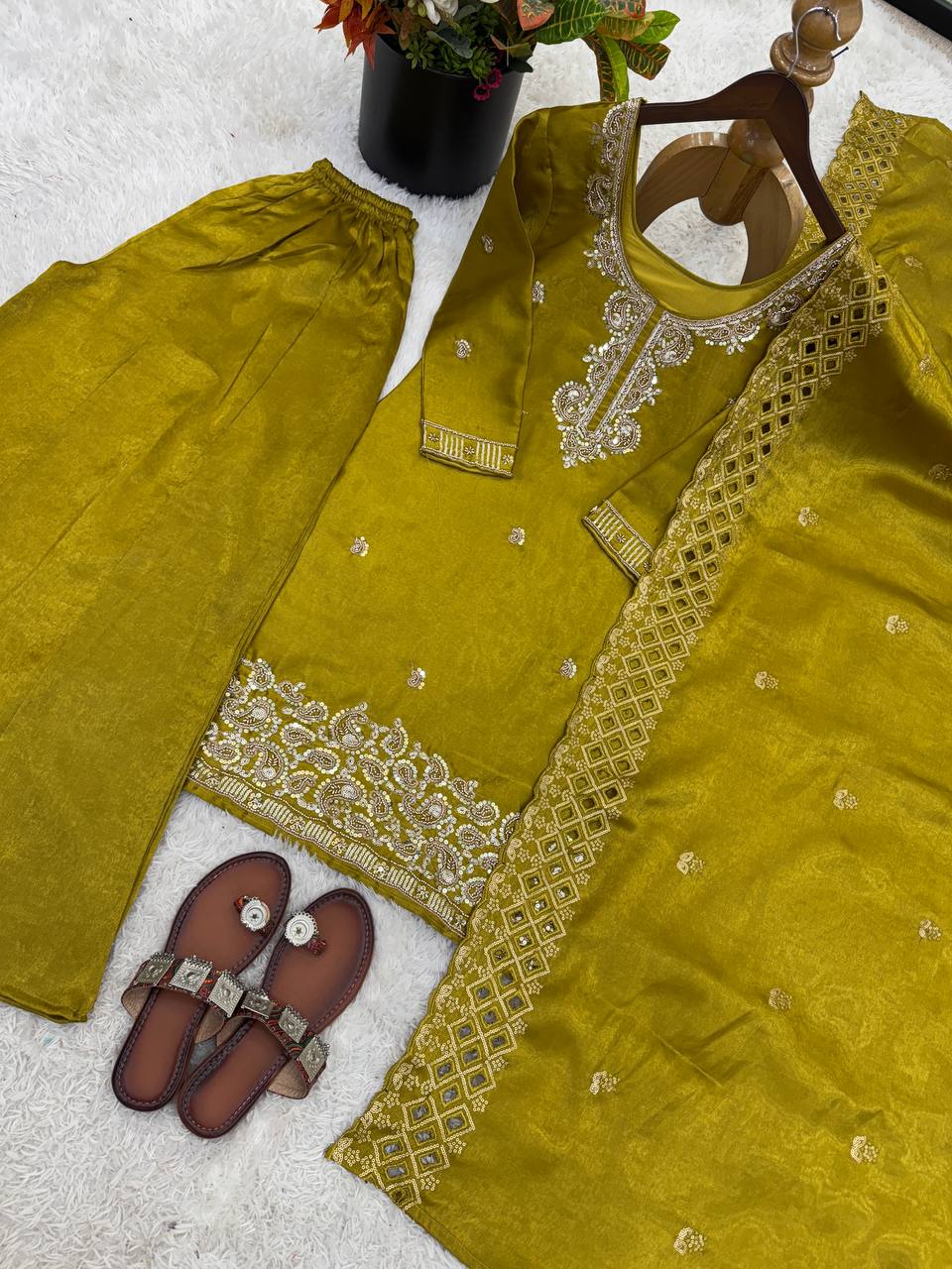 Organza Silk With Embroidery Beads Work with Cut Work Top , Plazzo & Dupatta