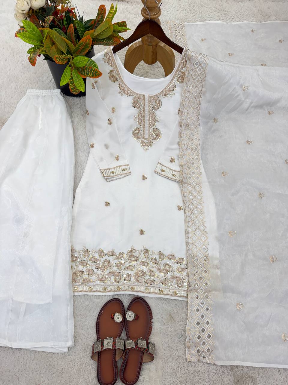 Organza Silk With Embroidery Beads Work with Cut Work Top , Plazzo & Dupatta