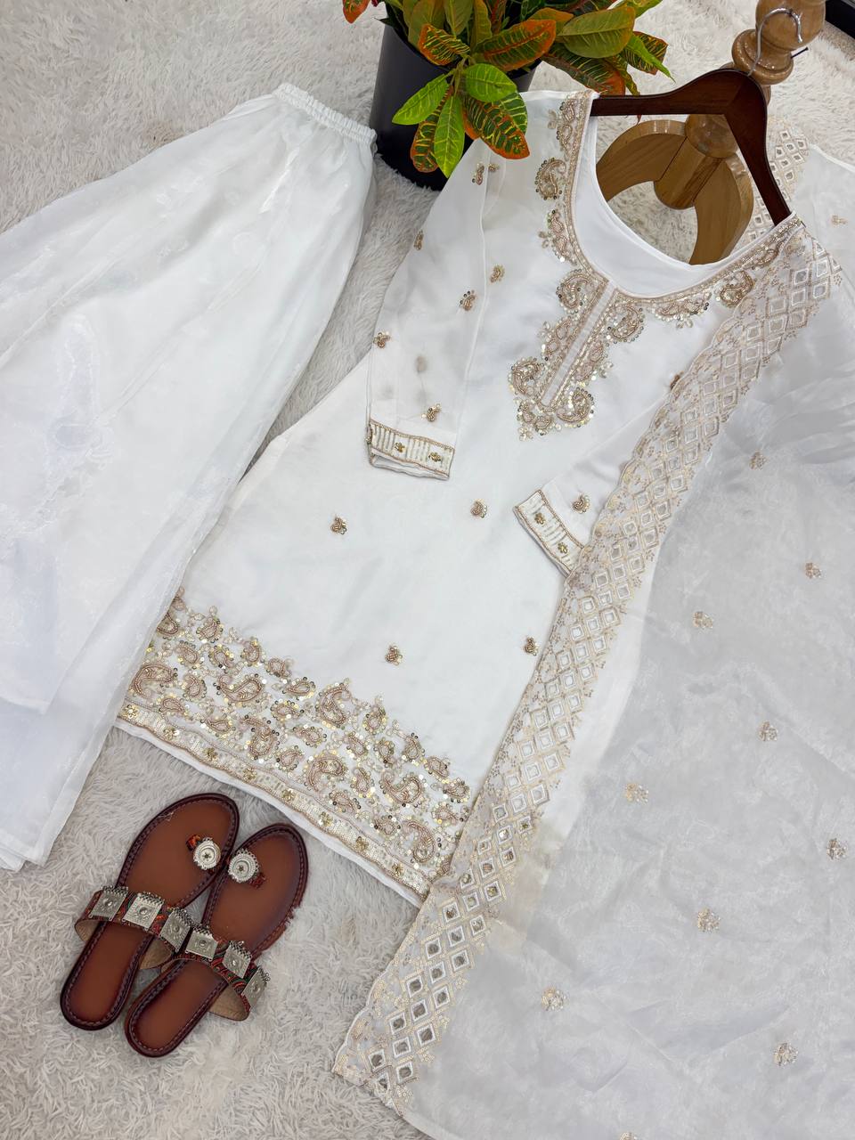 Organza Silk With Embroidery Beads Work with Cut Work Top , Plazzo & Dupatta
