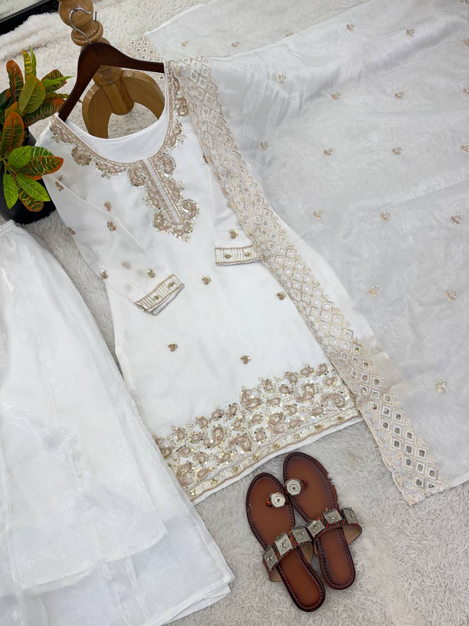 Organza Silk With Embroidery Beads Work with Cut Work Top , Plazzo & Dupatta