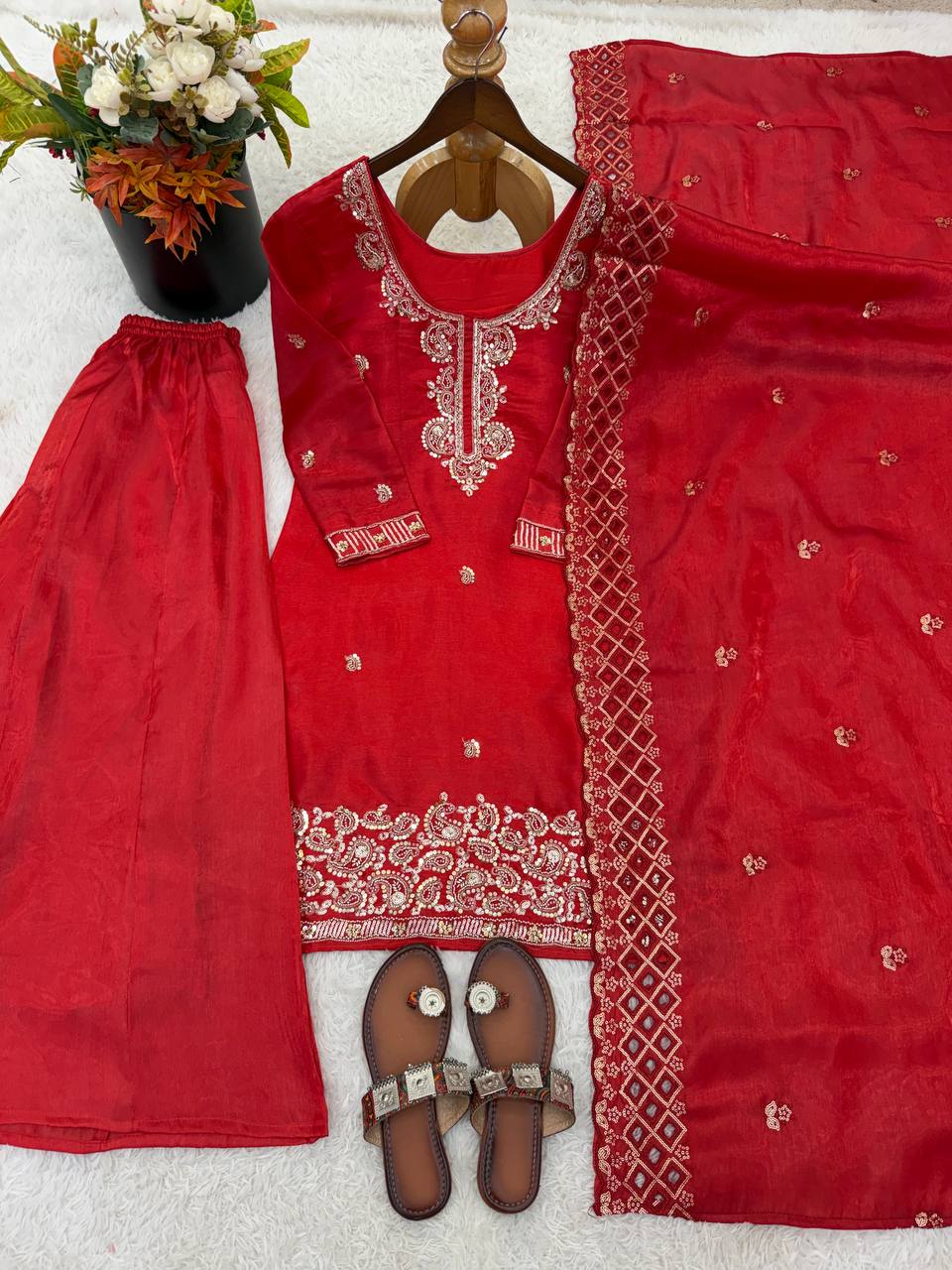 Organza Silk With Embroidery Beads Work with Cut Work Top , Plazzo & Dupatta