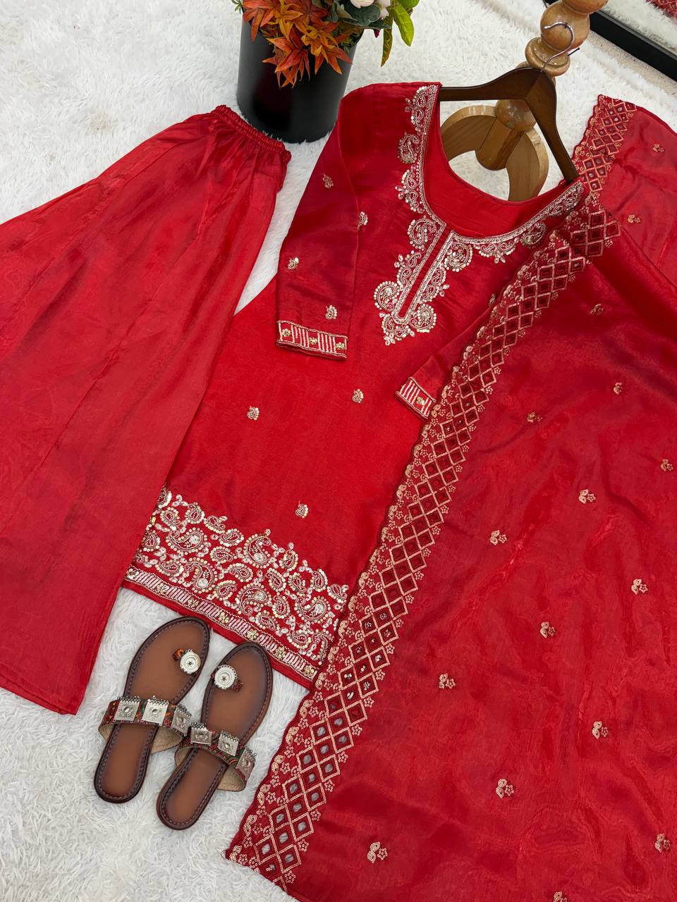 Organza Silk With Embroidery Beads Work with Cut Work Top , Plazzo & Dupatta