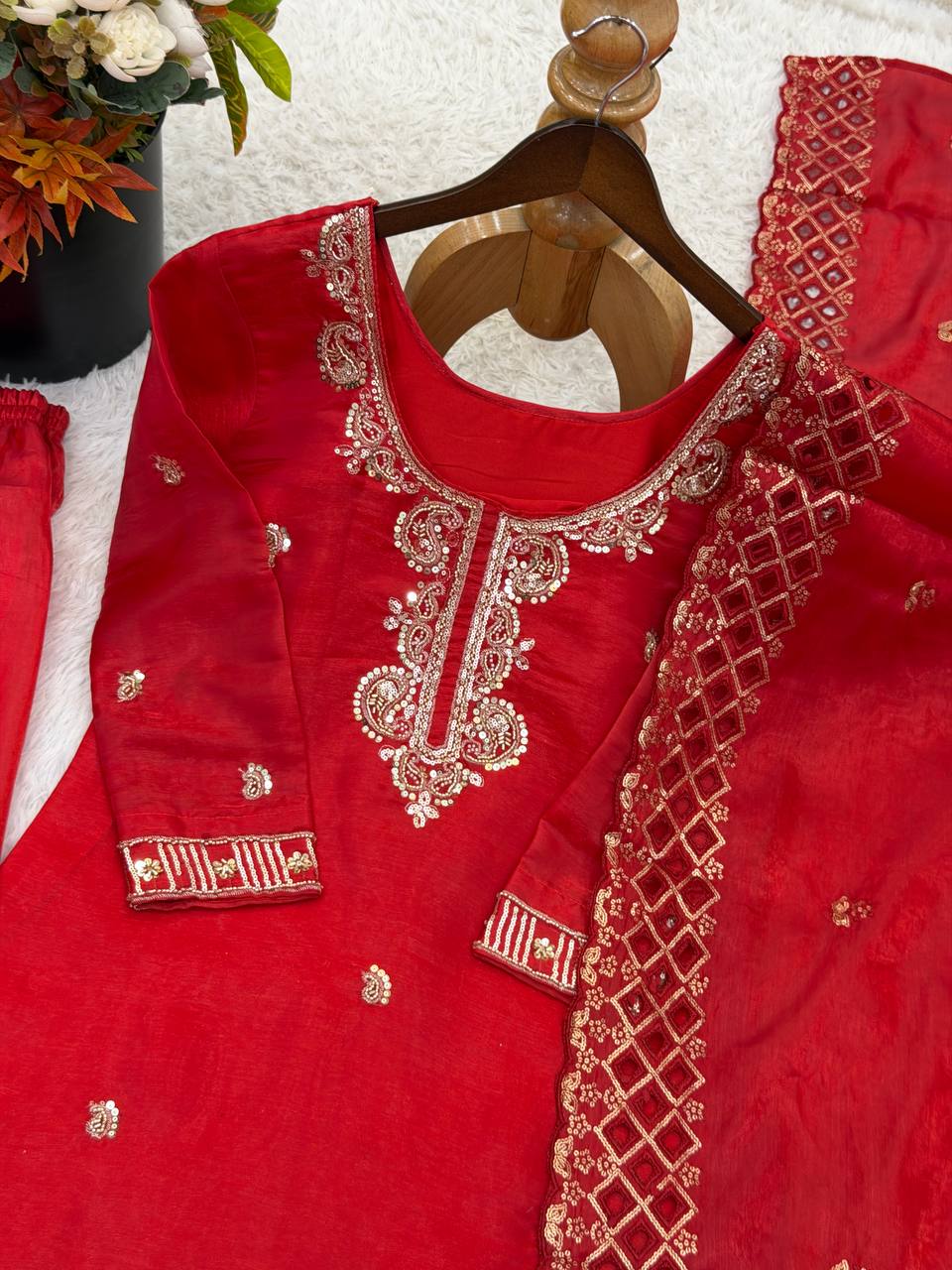 Organza Silk With Embroidery Beads Work with Cut Work Top , Plazzo & Dupatta