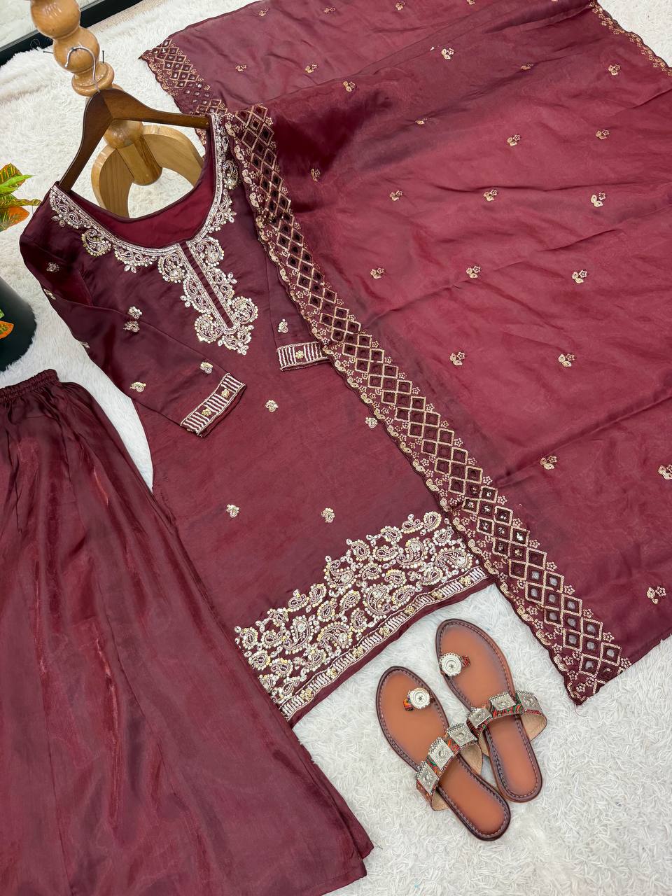 Organza Silk With Embroidery Beads Work with Cut Work Top , Plazzo & Dupatta