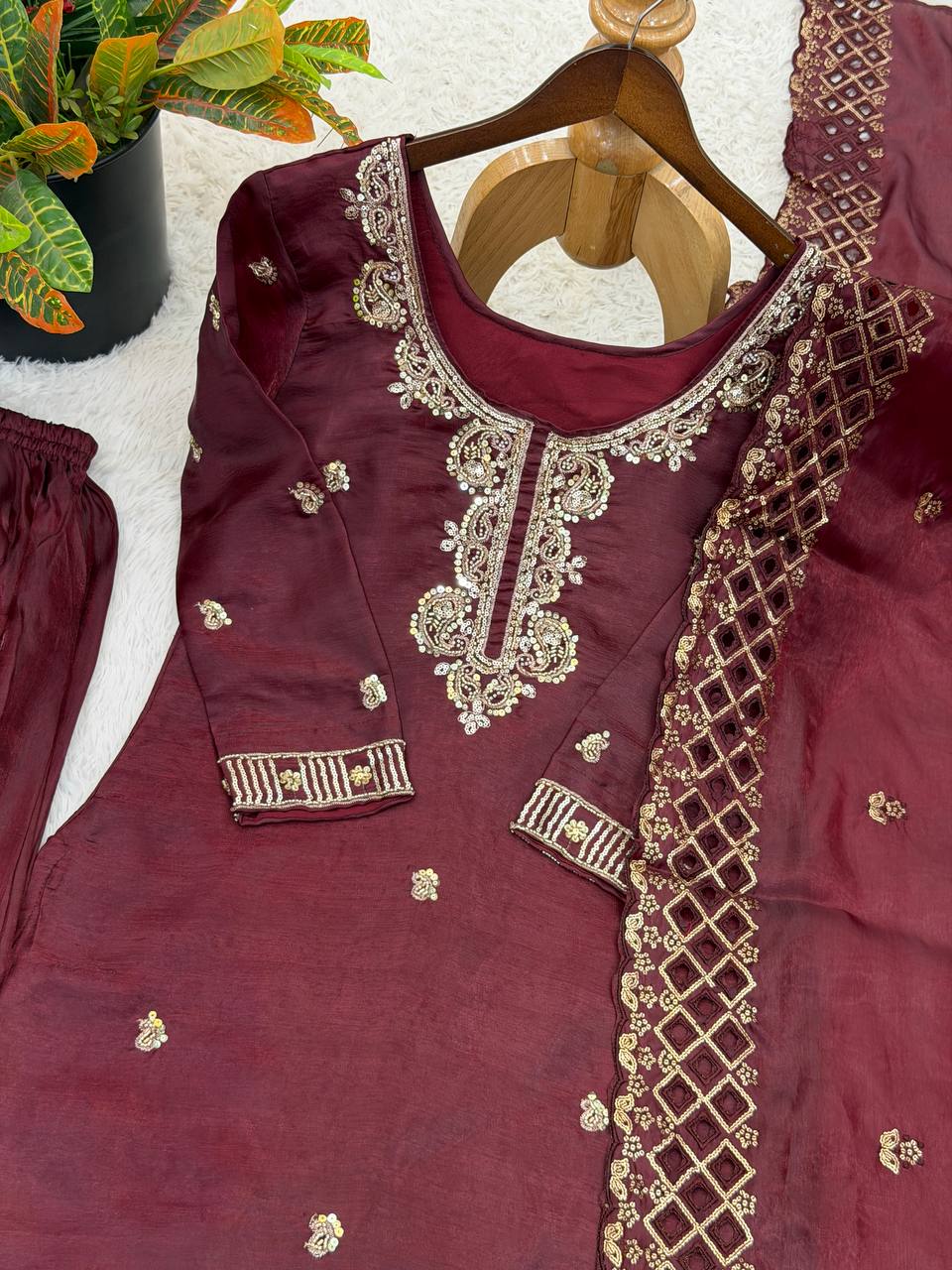 Organza Silk With Embroidery Beads Work with Cut Work Top , Plazzo & Dupatta