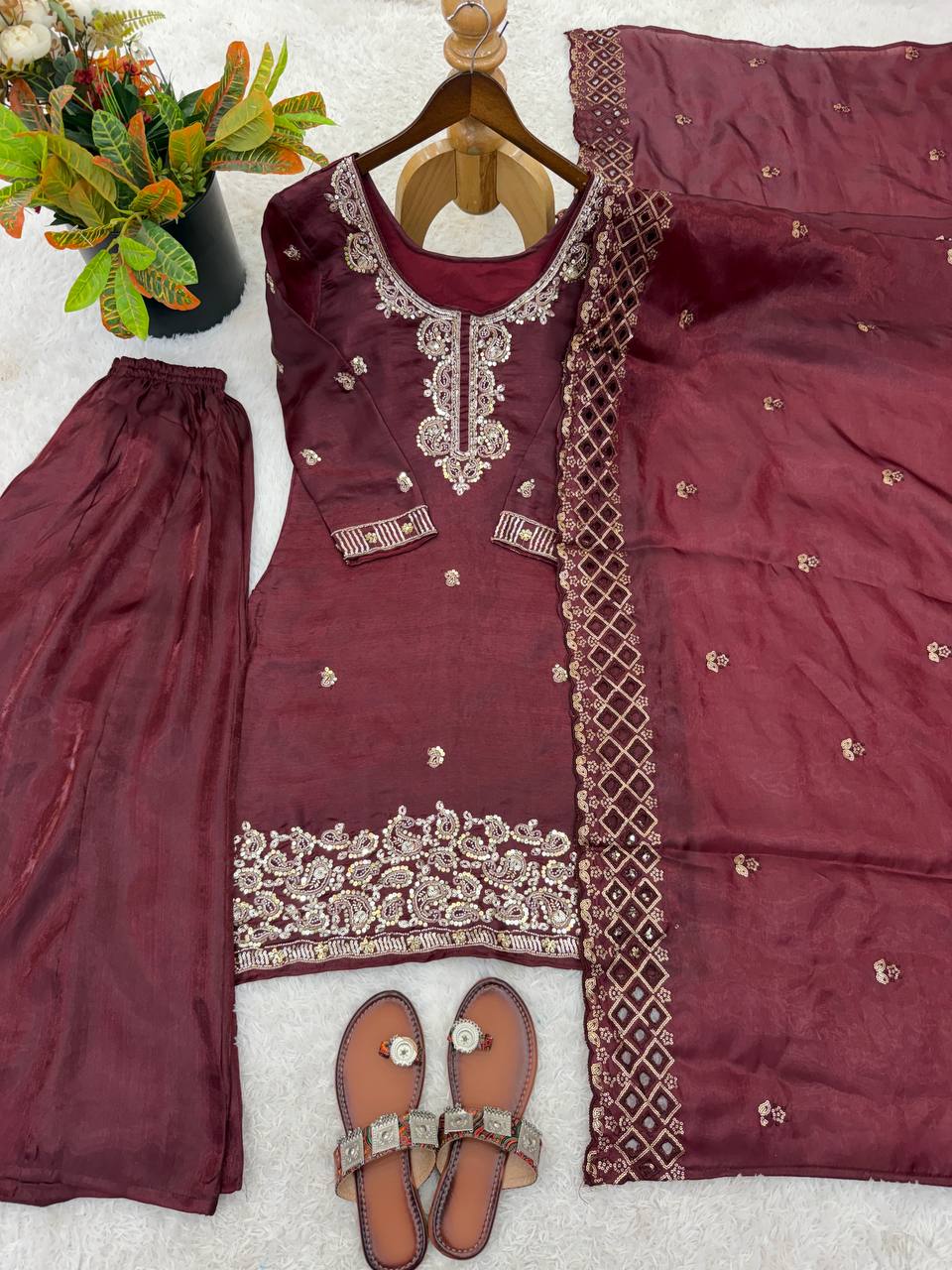 Organza Silk With Embroidery Beads Work with Cut Work Top , Plazzo & Dupatta