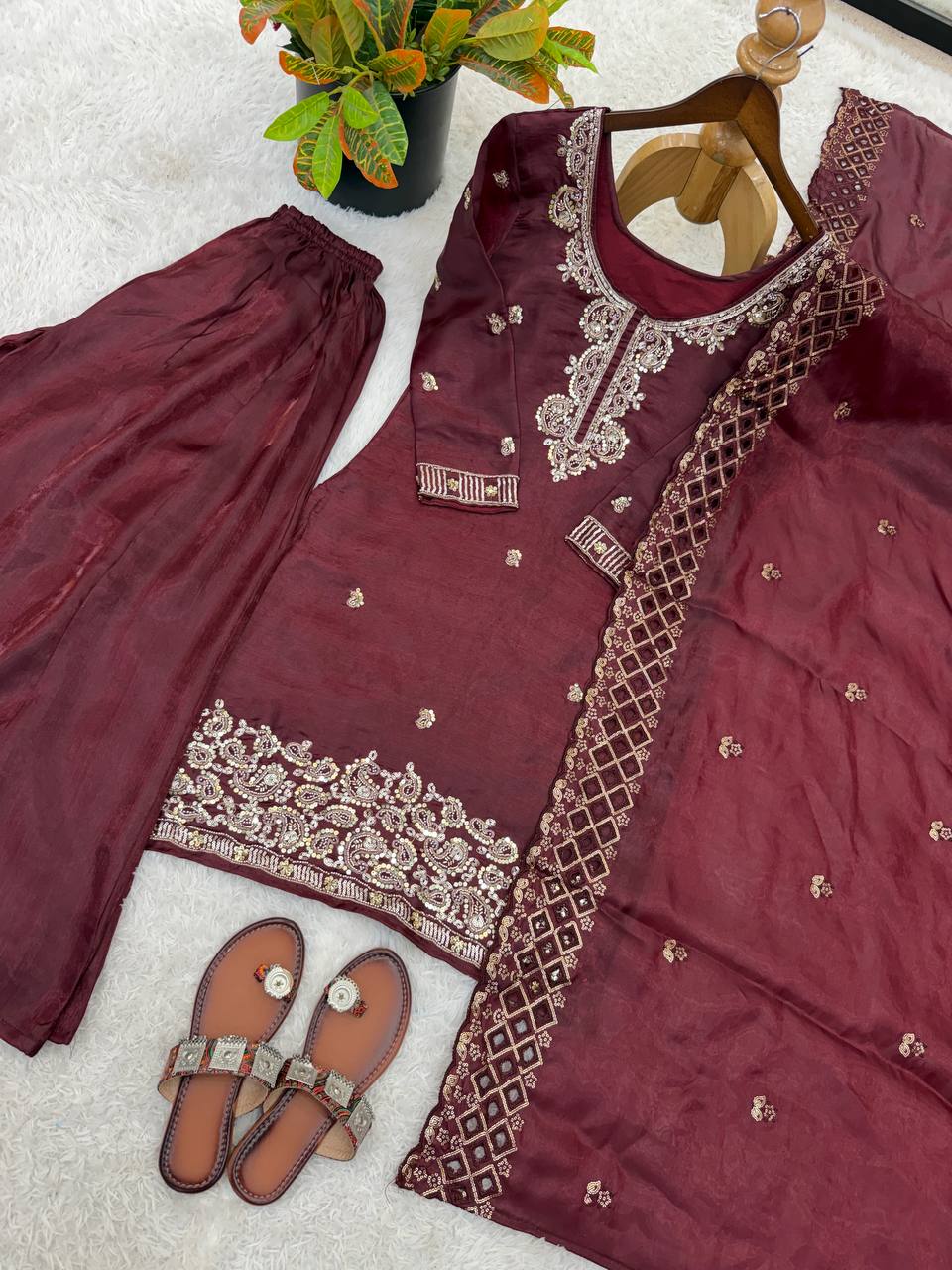 Organza Silk With Embroidery Beads Work with Cut Work Top , Plazzo & Dupatta