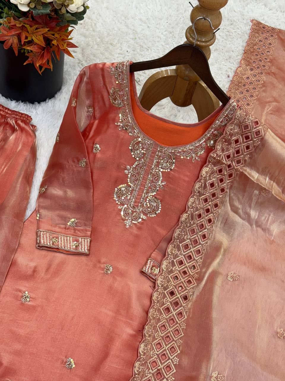 Organza Silk With Embroidery Beads Work with Cut Work Top , Plazzo & Dupatta