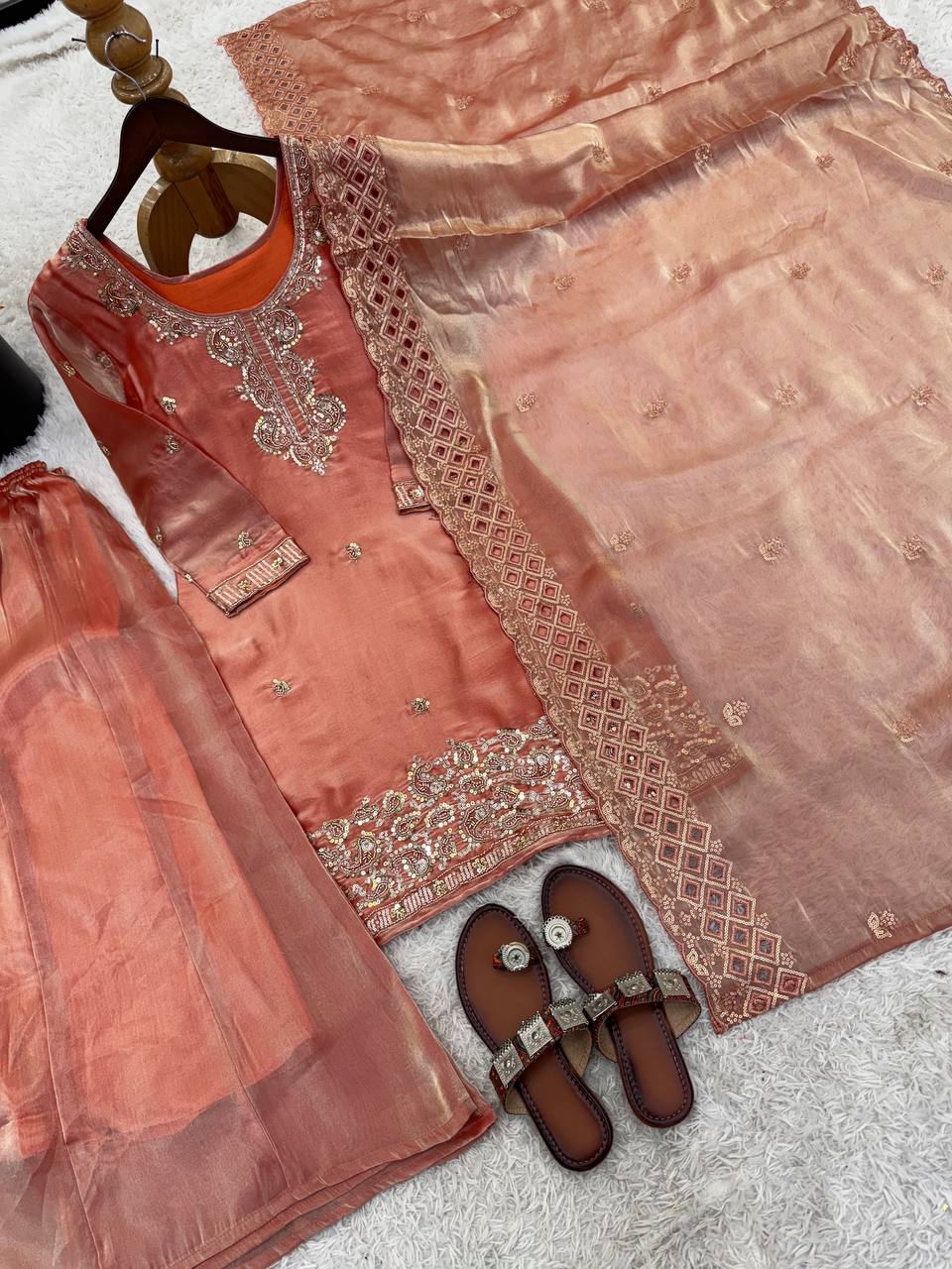 Organza Silk With Embroidery Beads Work with Cut Work Top , Plazzo & Dupatta