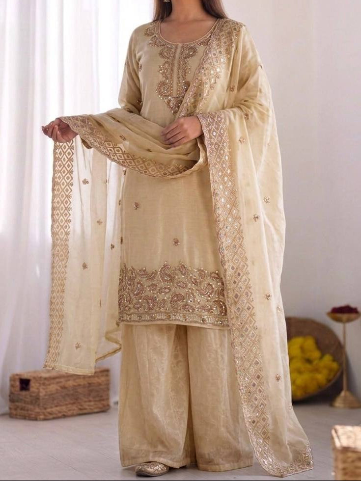Organza Silk With Embroidery Beads Work with Cut Work Top , Plazzo & Dupatta