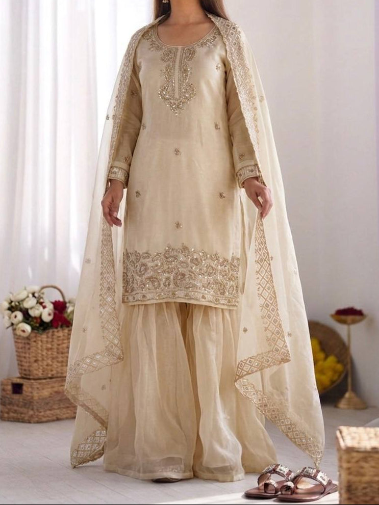 Organza Silk With Embroidery Beads Work with Cut Work Top , Plazzo & Dupatta