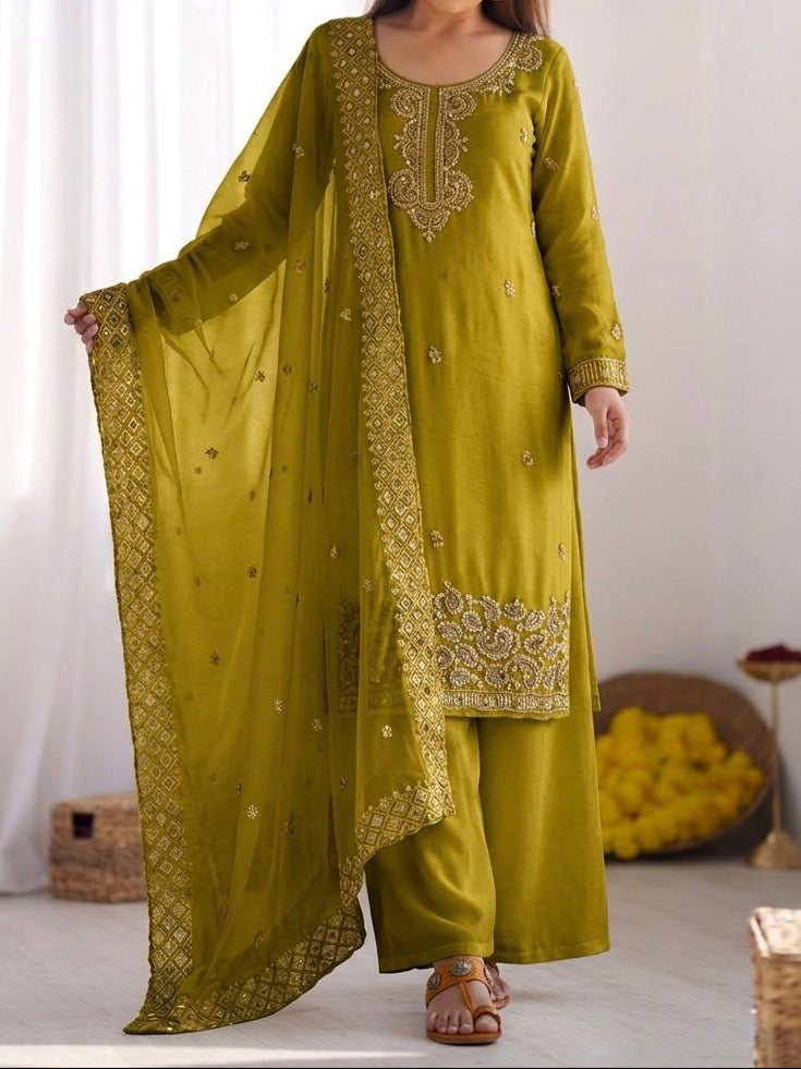 Organza Silk With Embroidery Beads Work with Cut Work Top , Plazzo & Dupatta