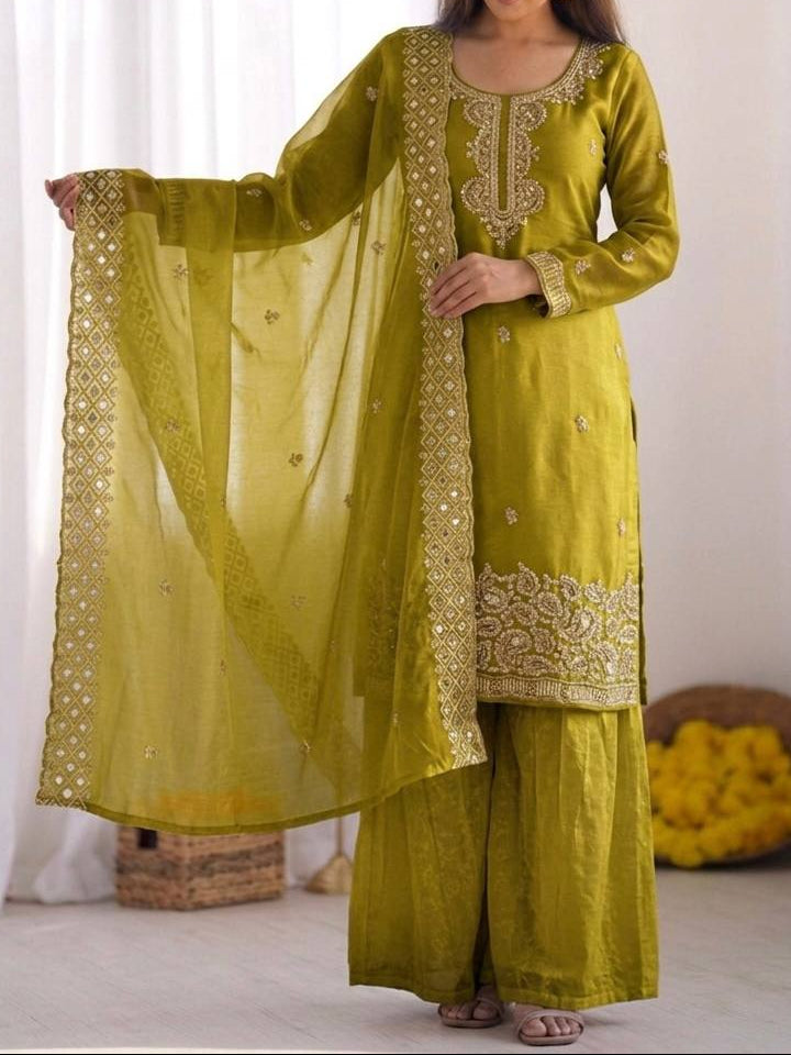 Organza Silk With Embroidery Beads Work with Cut Work Top , Plazzo & Dupatta
