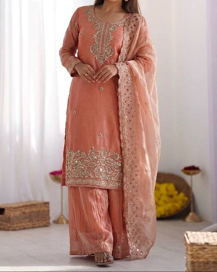 Organza Silk With Embroidery Beads Work with Cut Work Top , Plazzo & Dupatta