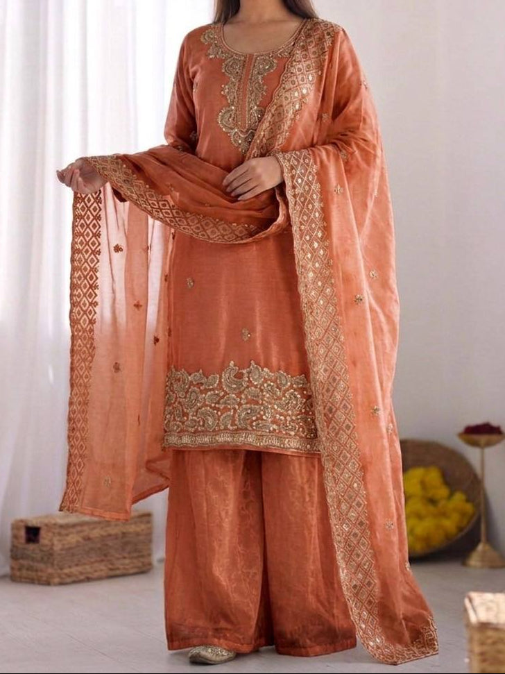 Organza Silk With Embroidery Beads Work with Cut Work Top , Plazzo & Dupatta